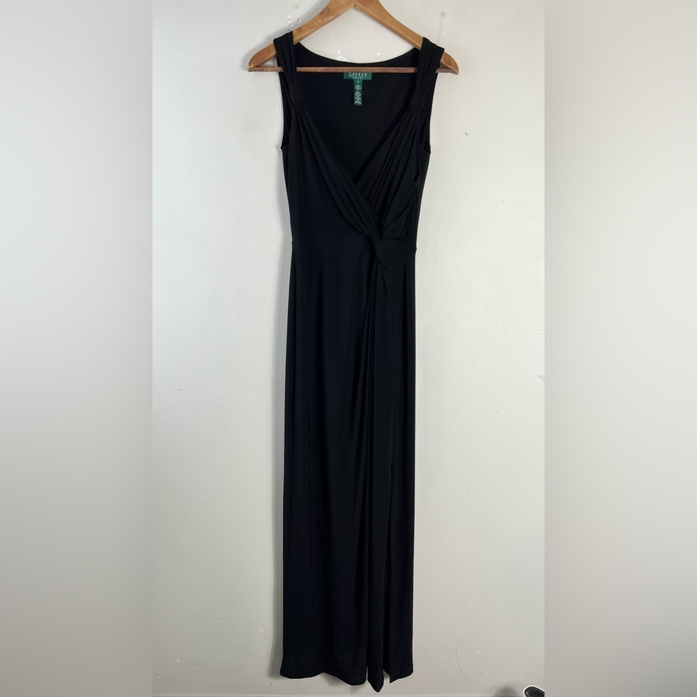 Lauren Ralph Lauren Evening Gown Black Maxi Dress Twisted Front Detail Size 2